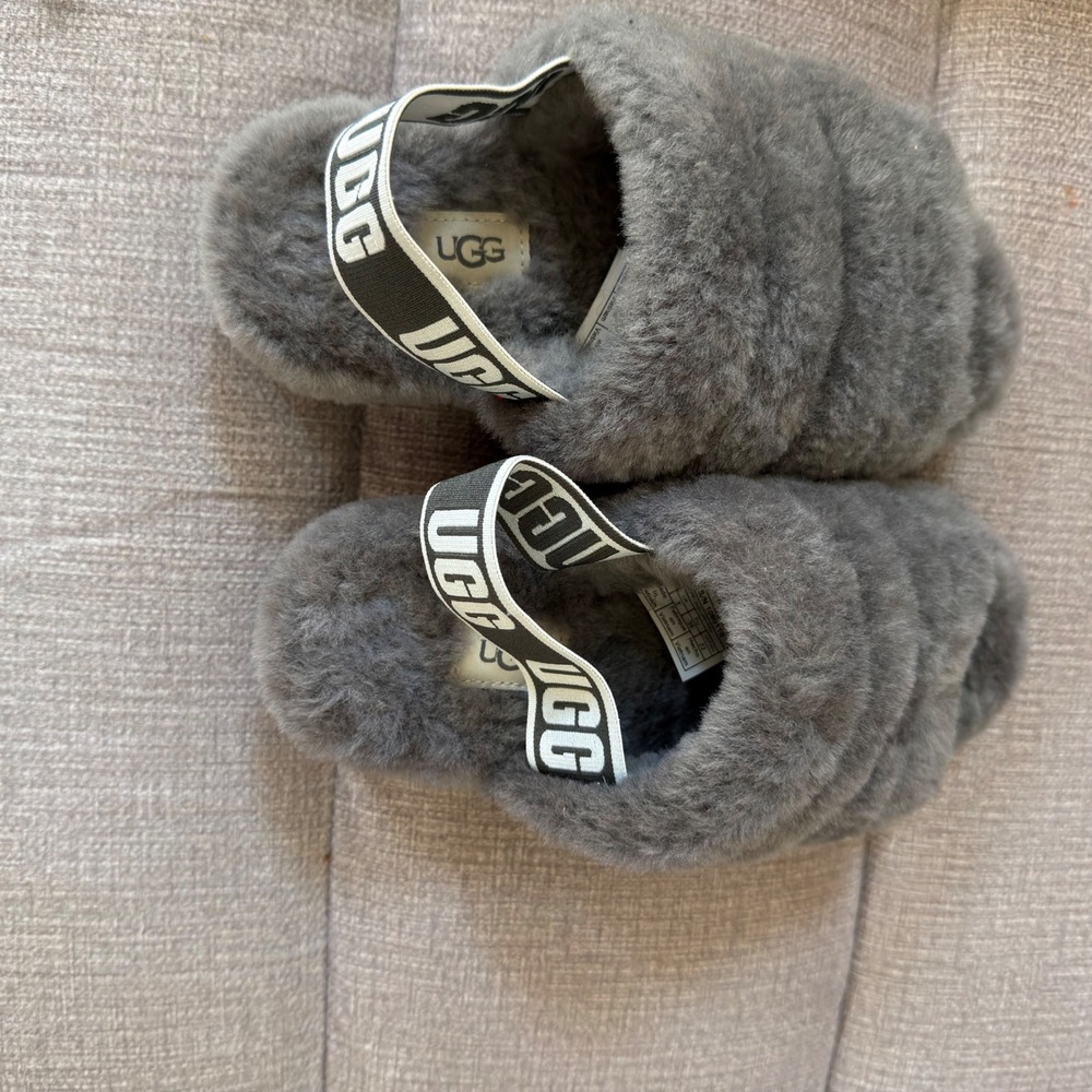 UGG Fluff Yeah Slide Charcoal Grey Sheepskin Slingback Slipper 1095119 Womens 5